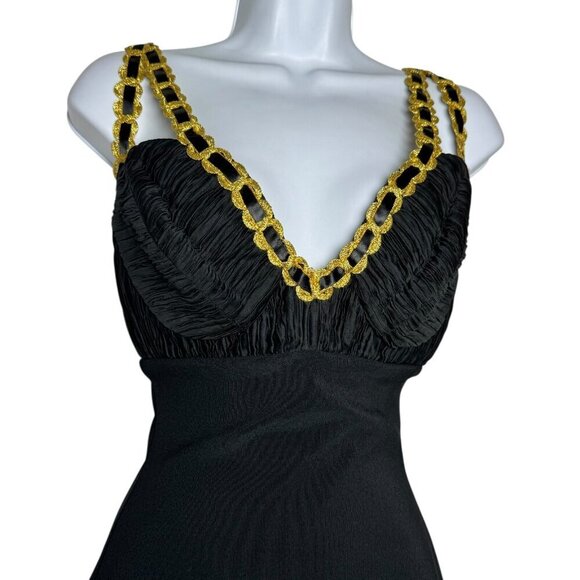 DANA DEATHERAGE vintage 80's black wiggle bombshell dress size small gold trim - Picture 2 of 9